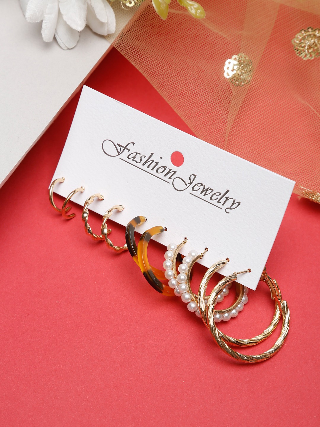 Set of 5 Gold-Plated Circular Half Hoop Earrings